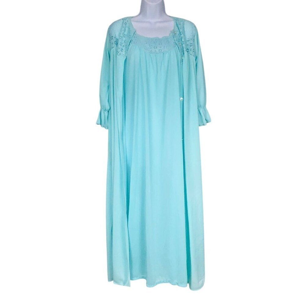 Vintage 70s Peignoir Berkliff Nightgown Robe Womens M Blue Lace Nylon